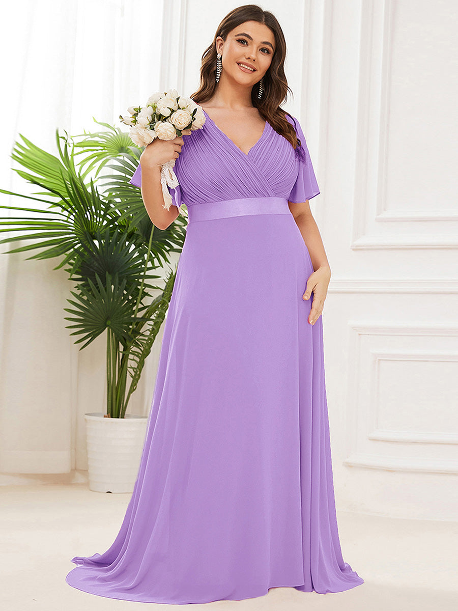 Plus Size Long Empire Waist Evening Dress With Short Flutter Sleeves #color_Lavender