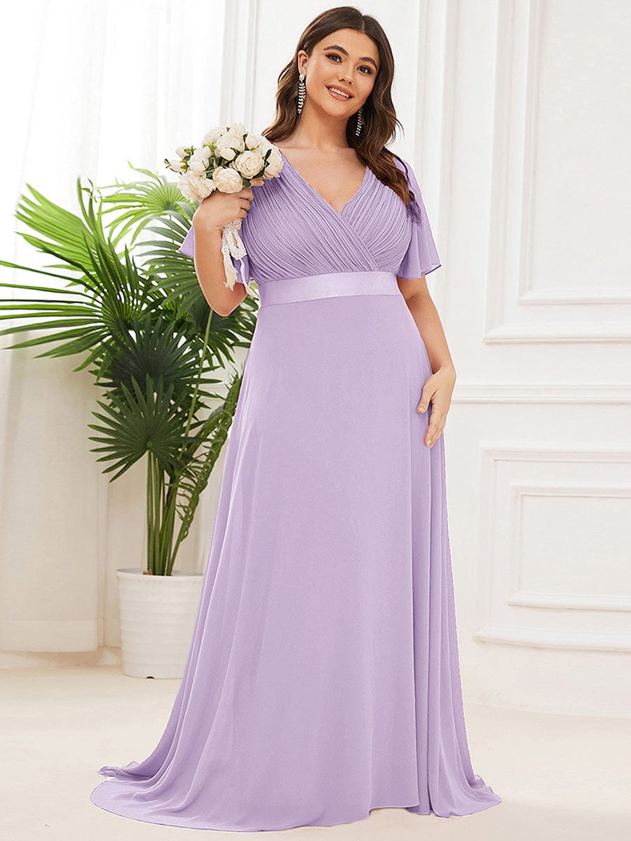 Long Empire Waist Evening Dress with Short Flutter Sleeves #color_Lavender