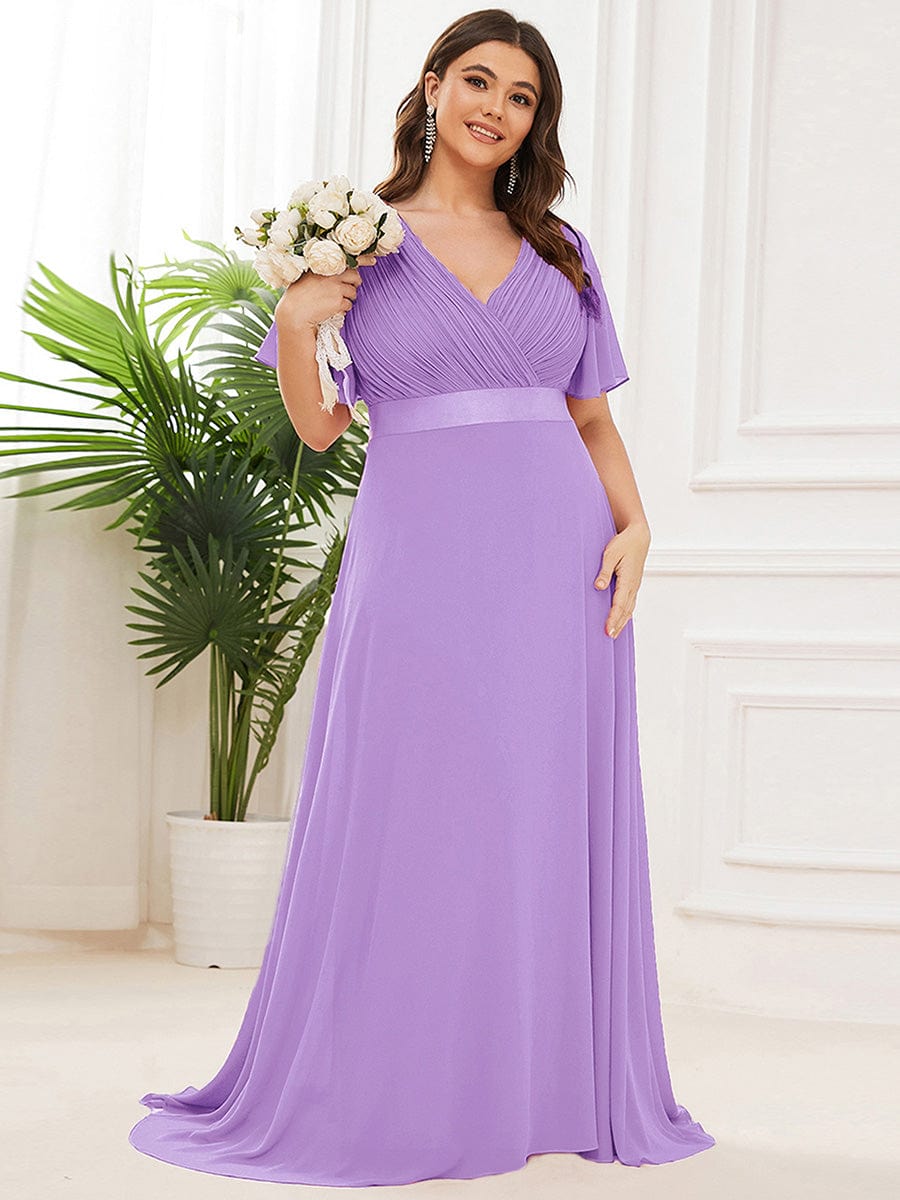 Custom Size V-neck Empire Waist Maxi Bridesmaid Dress with Short Sleeves #color_Lavender