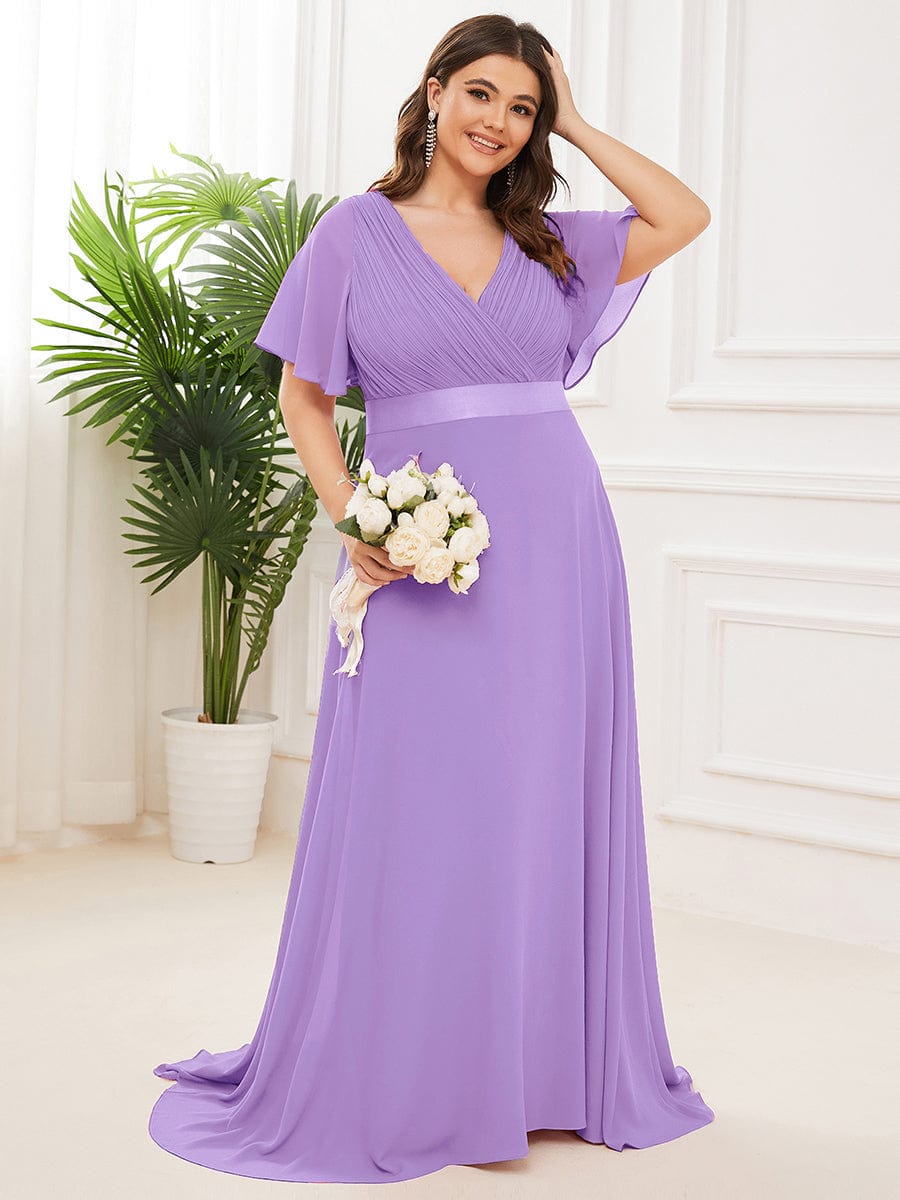 Plus Size Long Empire Waist Evening Dress With Short Flutter Sleeves #color_Lavender