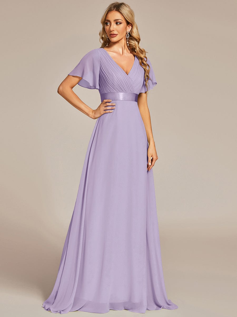 Long Empire Waist Evening Dress with Short Flutter Sleeves #color_Lavender