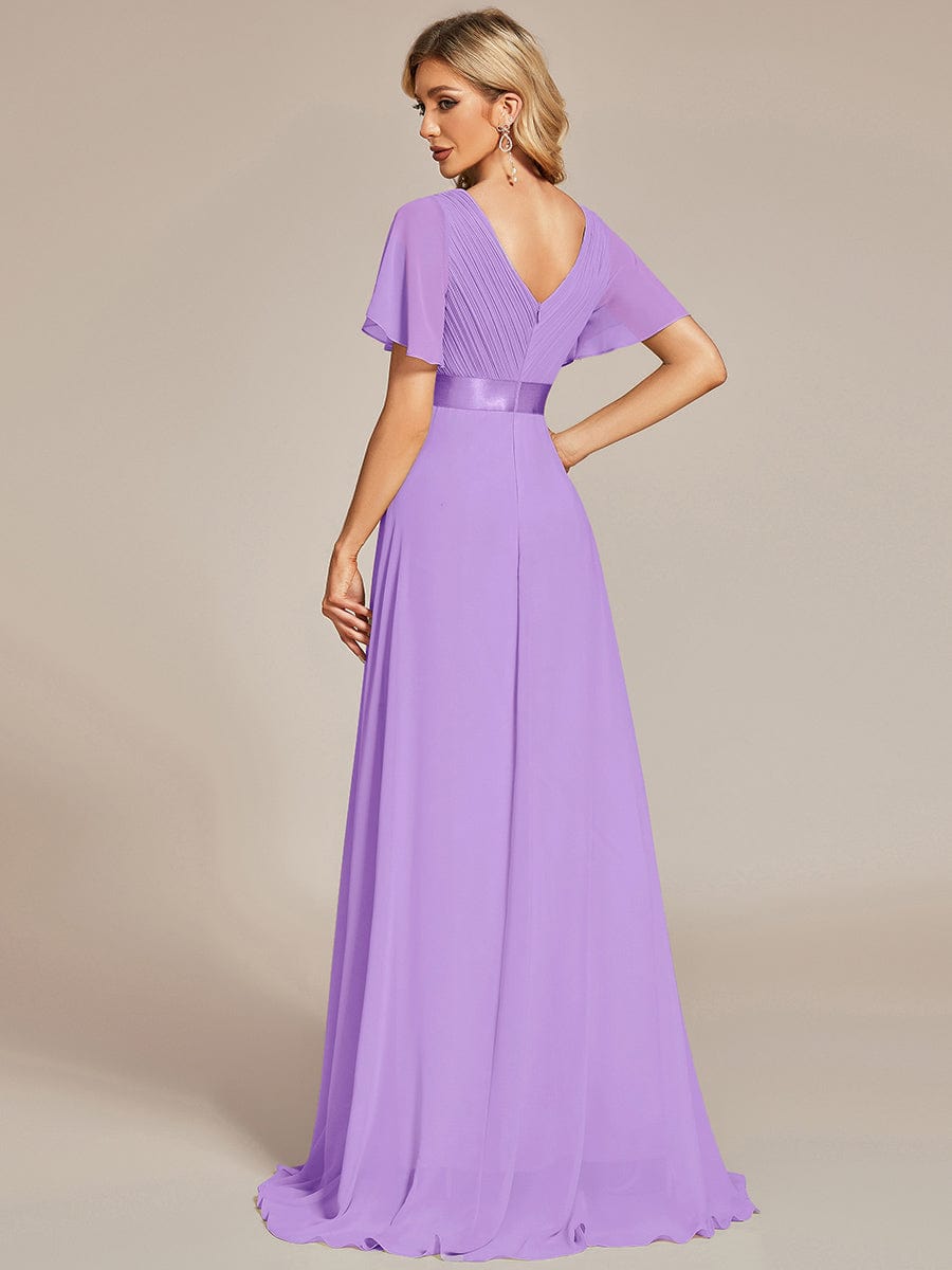 Long Empire Waist Evening Dress with Short Flutter Sleeves #color_Lavender