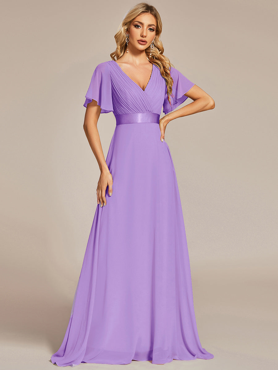 Long Empire Waist Evening Dress with Short Flutter Sleeves #color_Lavender