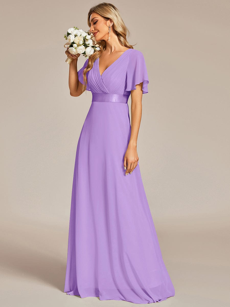 Long Empire Waist Evening Dress with Short Flutter Sleeves #color_Lavender