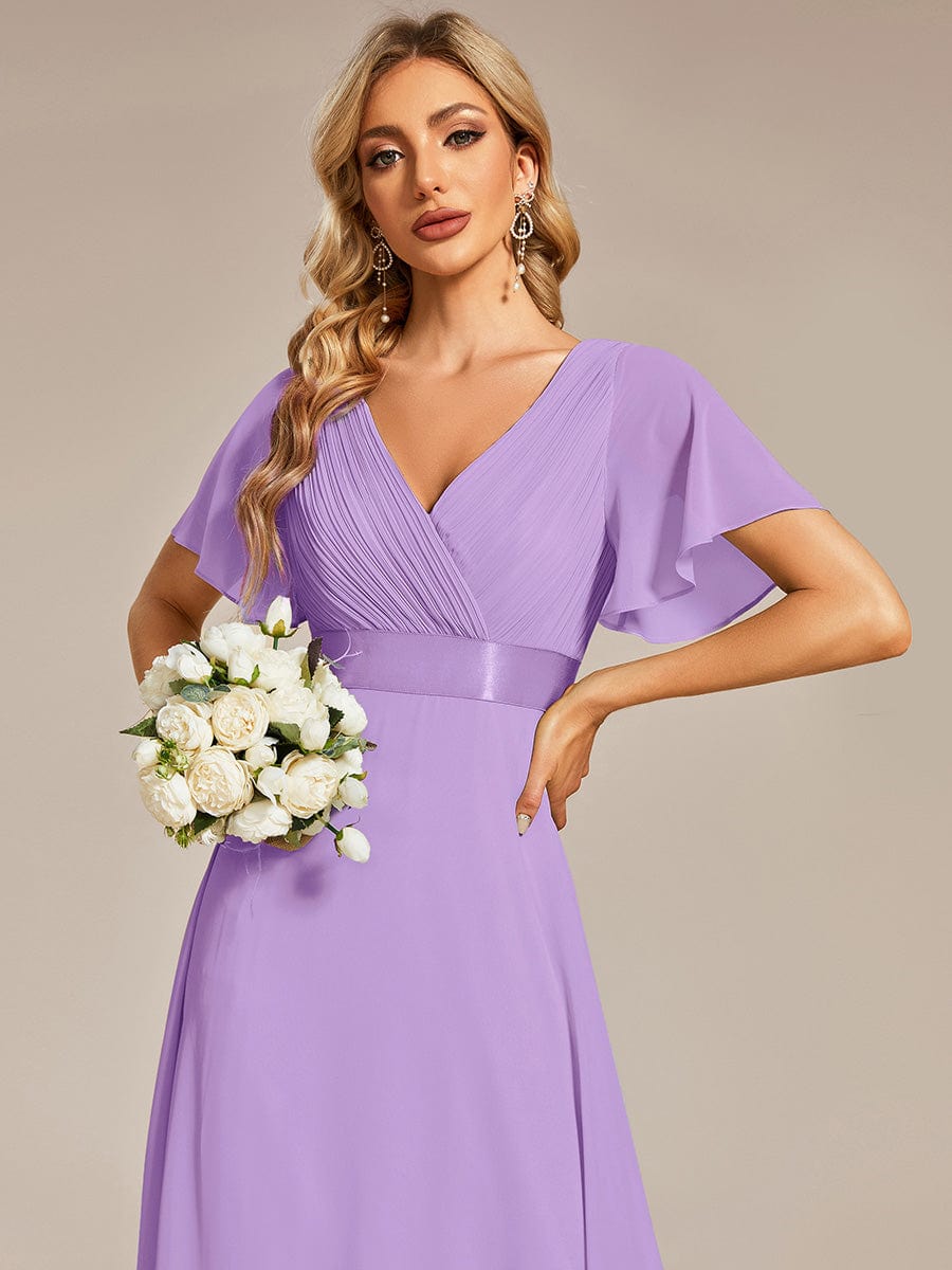 Long Empire Waist Evening Dress with Short Flutter Sleeves #color_Lavender