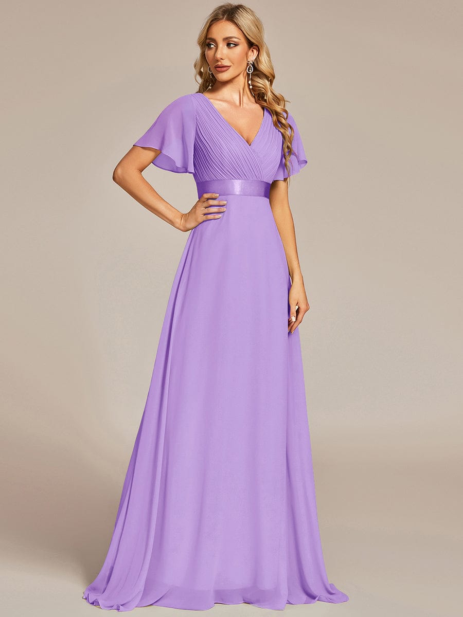 Long Empire Waist Evening Dress with Short Flutter Sleeves #color_Lavender