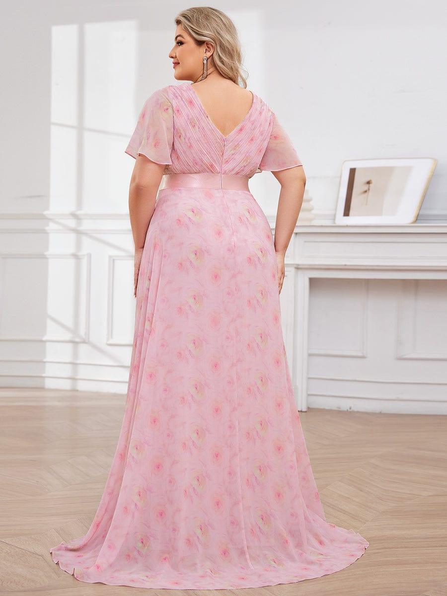 Plus Size Long Empire Waist Evening Dress With Short Flutter Sleeves #color_Light Purple Roses