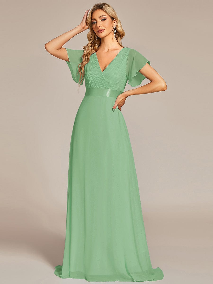 Long Empire Waist Evening Dress with Short Flutter Sleeves #color_Sage green