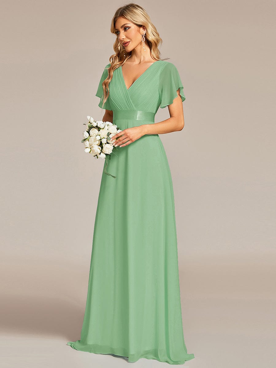 Long Empire Waist Evening Dress with Short Flutter Sleeves #color_Sage green