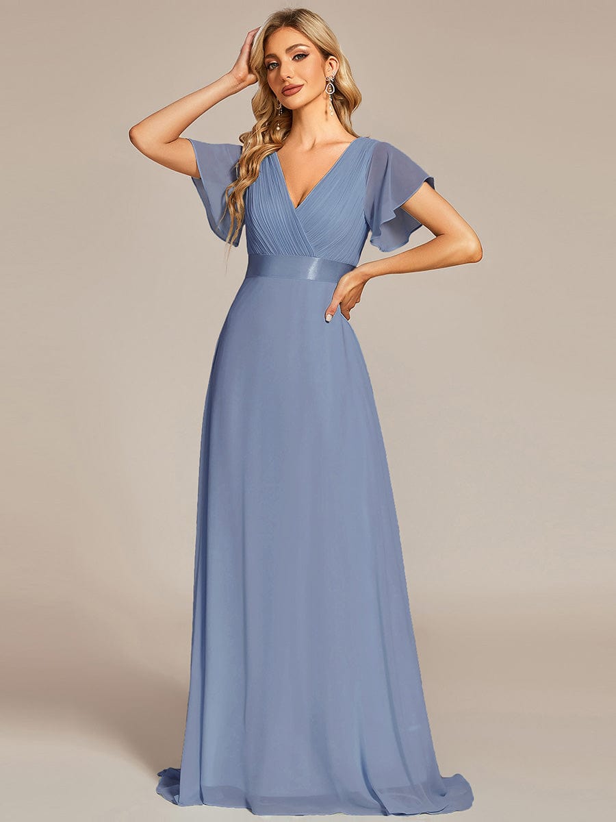 Long Empire Waist Evening Dress with Short Flutter Sleeves #color_Slate Blue