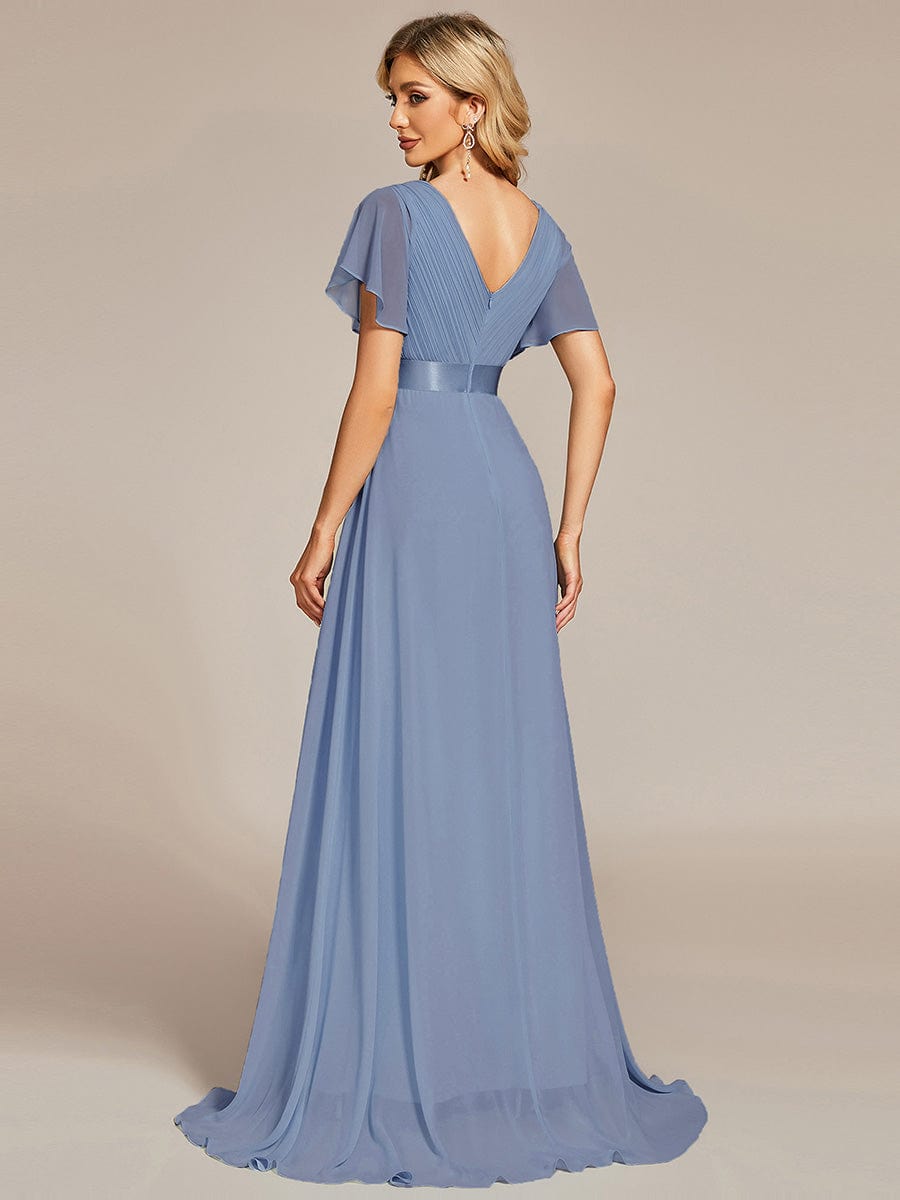 Long Empire Waist Evening Dress with Short Flutter Sleeves #color_Slate Blue