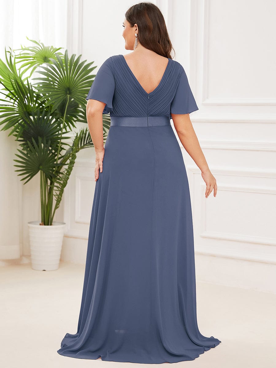 Long Empire Waist Evening Dress with Short Flutter Sleeves #color_Stormy