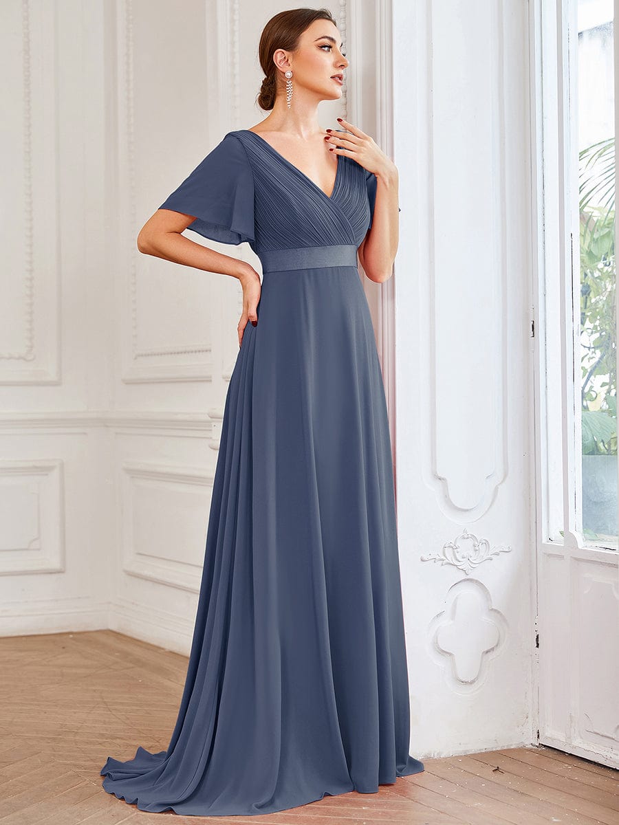 Long Empire Waist Evening Dress with Short Flutter Sleeves #color_Stormy