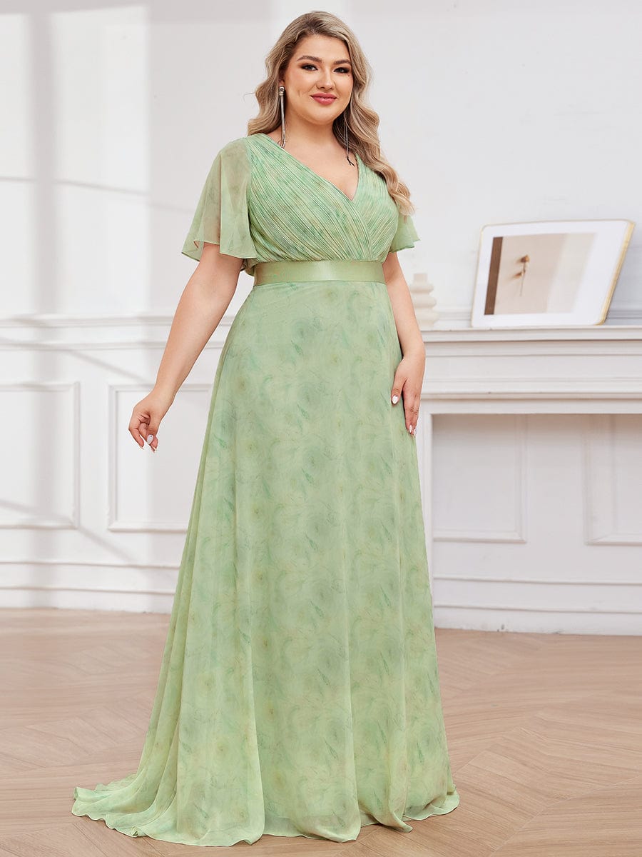 Long Empire Waist Evening Dress with Short Flutter Sleeves #color_Light Green Roses