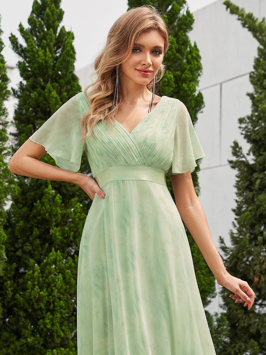 Long Empire Waist Evening Dress with Short Flutter Sleeves #color_Light Green Roses