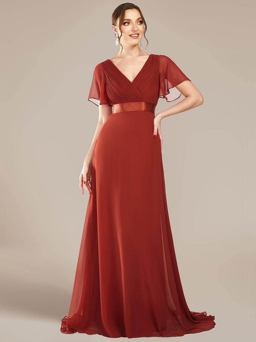 Long Empire Waist Evening Dress with Short Flutter Sleeves #color_Vermilion