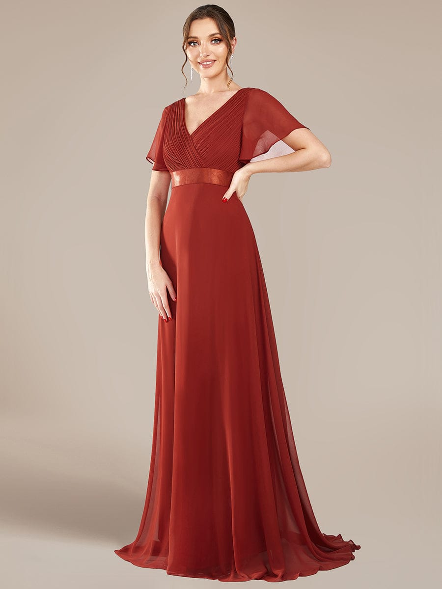 Long Empire Waist Evening Dress with Short Flutter Sleeves #color_Vermilion