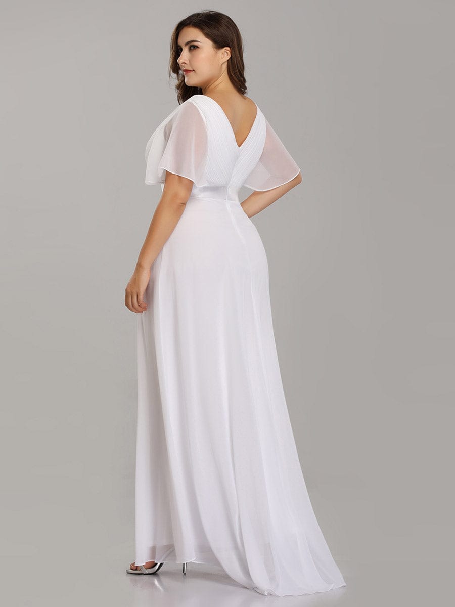 Plus Size Long Empire Waist Evening Dress With Short Flutter Sleeves #color_White