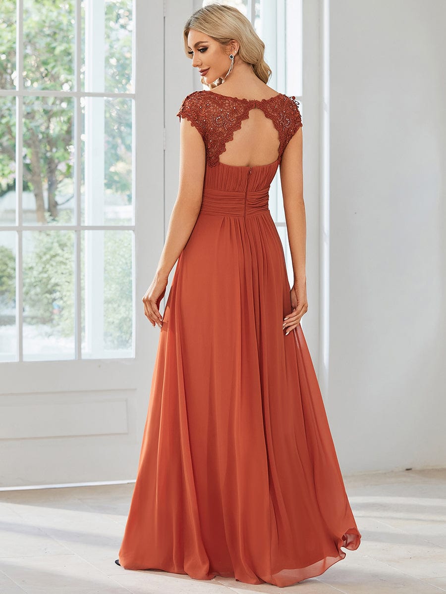 Elegant Maxi Long Lace Cap Sleeve Bridesmaid Dress #color_Burnt Orange