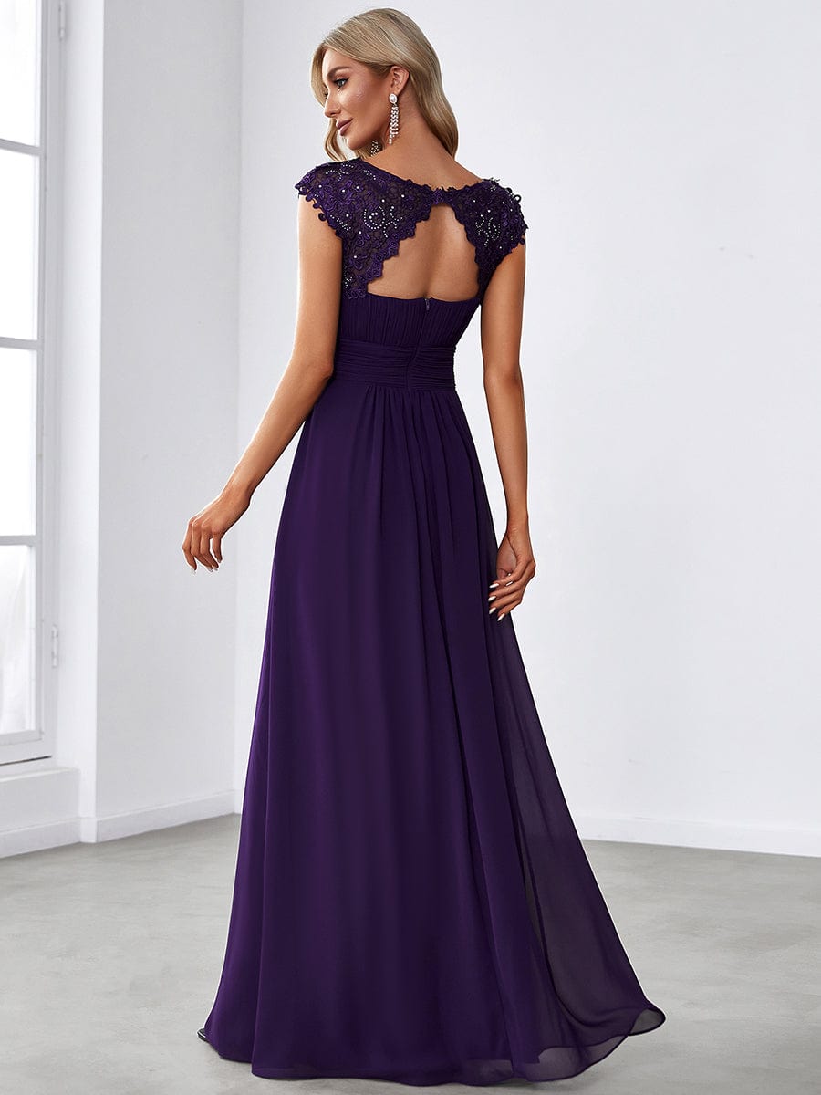 Elegant Maxi Long Lace Cap Sleeve Bridesmaid Dress #color_Dark Purple