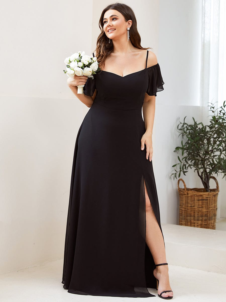 Stylish Cold Shoulder Flare Sleeves Flowy Bridesmaid Dress #color_Black 