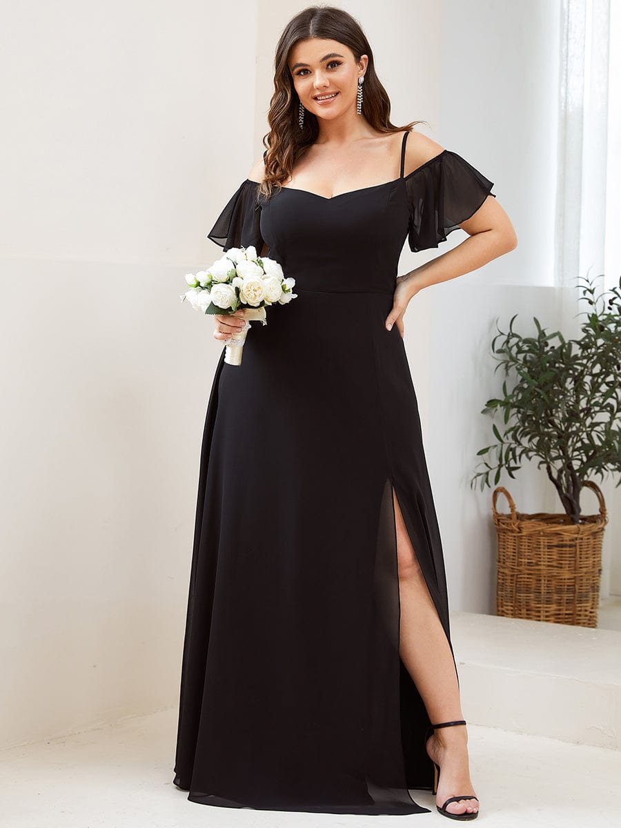 Plus Size Cold Shoulder Formal Bridesmaid Dress with Side Slit #color_Black 