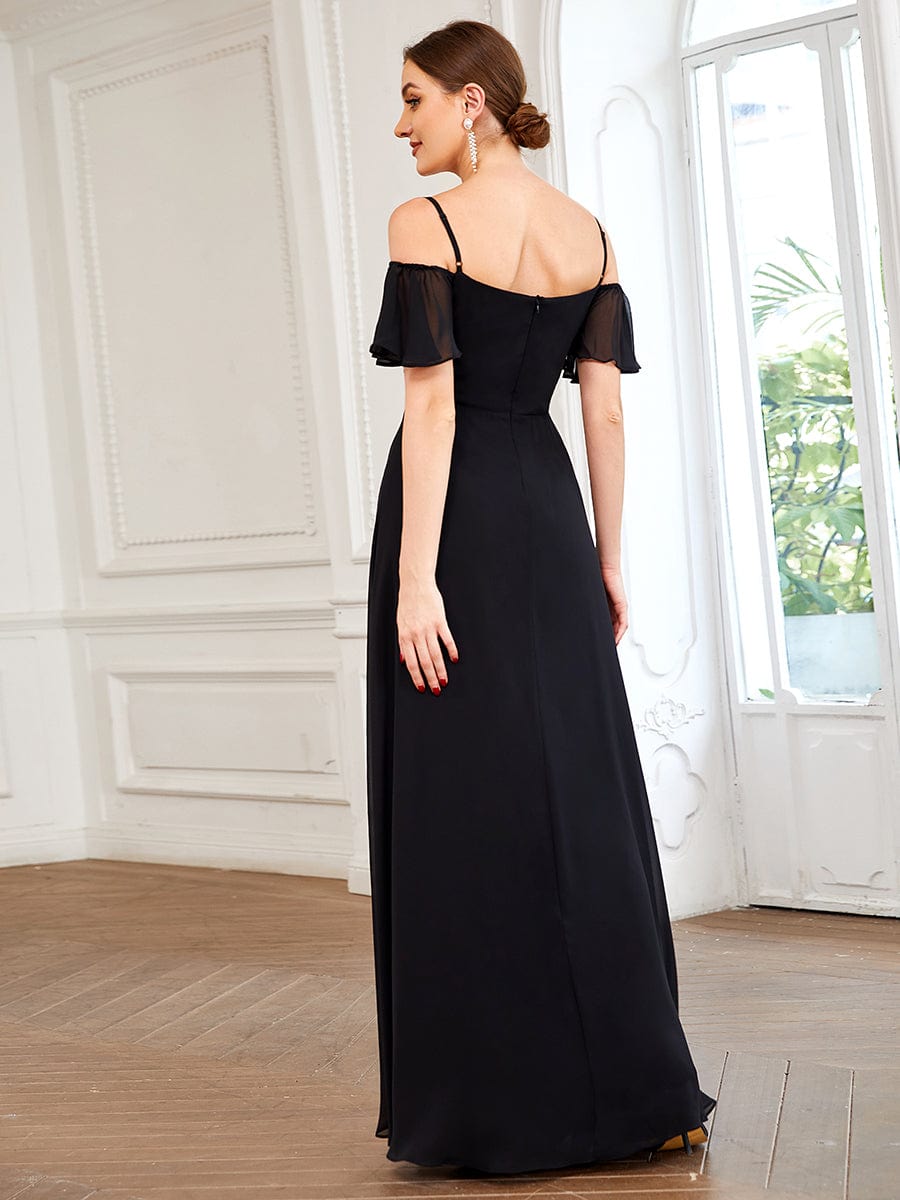 Stylish Cold Shoulder Flare Sleeves Flowy Bridesmaid Dress #color_Black 