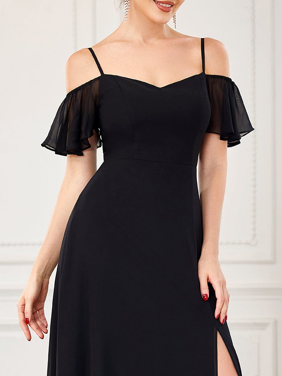 Stylish Cold Shoulder Flare Sleeves Flowy Bridesmaid Dress #color_Black 