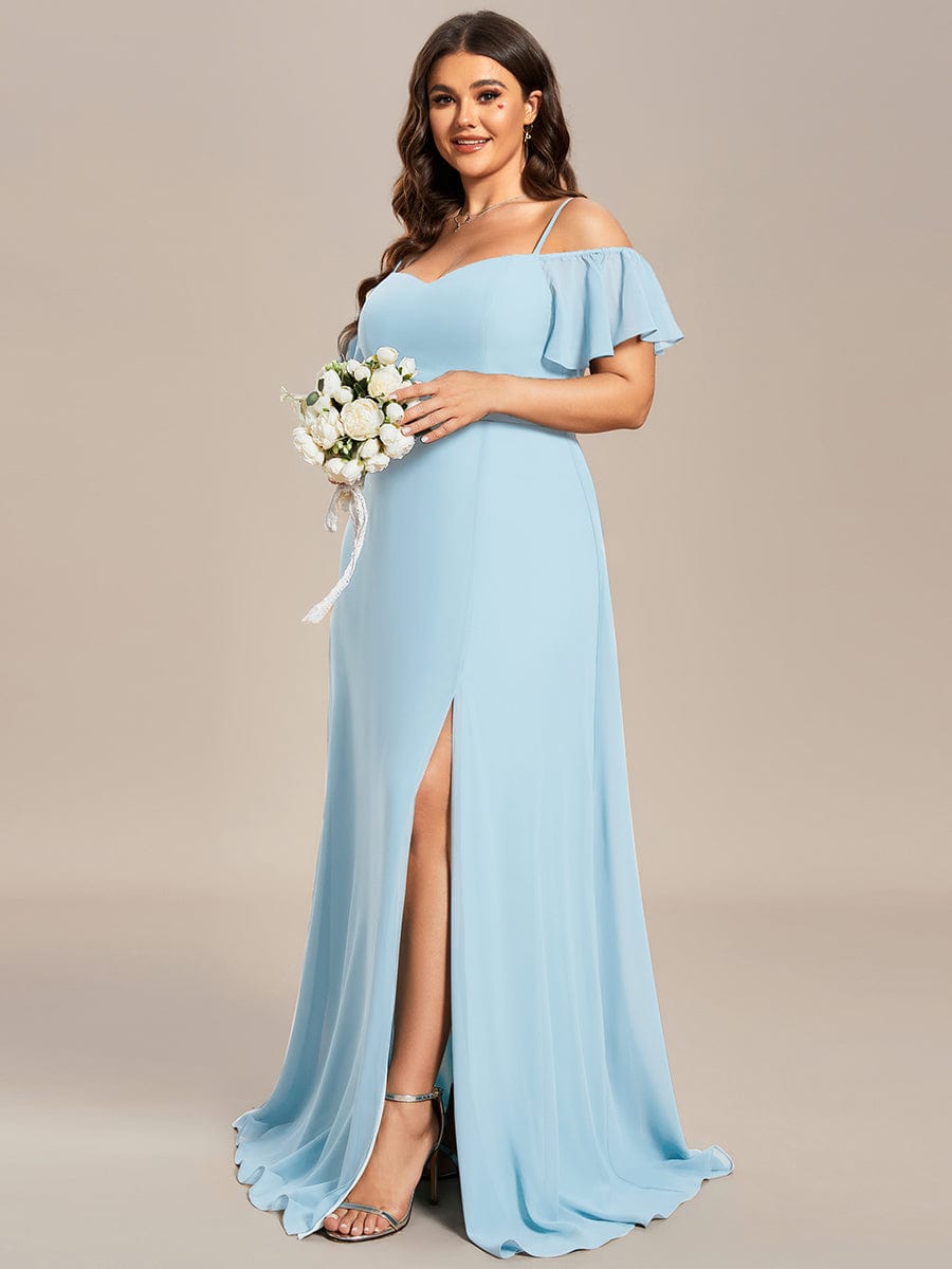 Plus Size Cold Shoulder Formal Bridesmaid Dress with Side Slit #color_Sky Blue