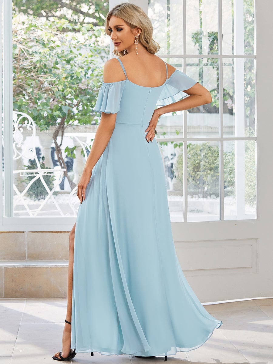 Stylish Cold Shoulder Flare Sleeves Flowy Bridesmaid Dress #color_Sky Blue