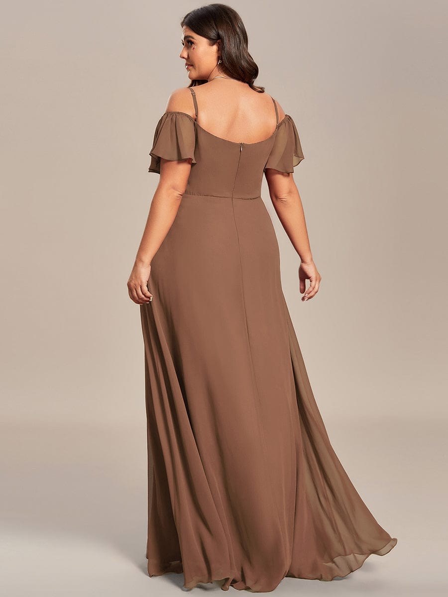 Stylish Cold Shoulder Flare Sleeves Flowy Bridesmaid Dress #color_Brown