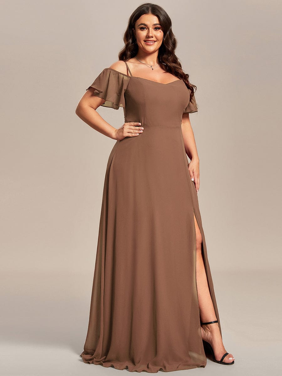 Stylish Cold Shoulder Flare Sleeves Flowy Bridesmaid Dress #color_Brown