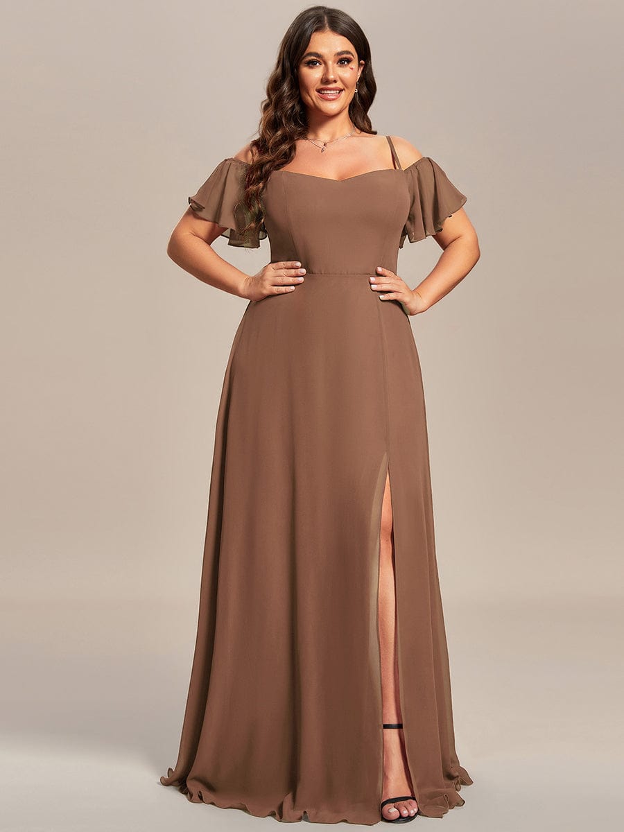 Stylish Cold Shoulder Flare Sleeves Flowy Bridesmaid Dress #color_Brown