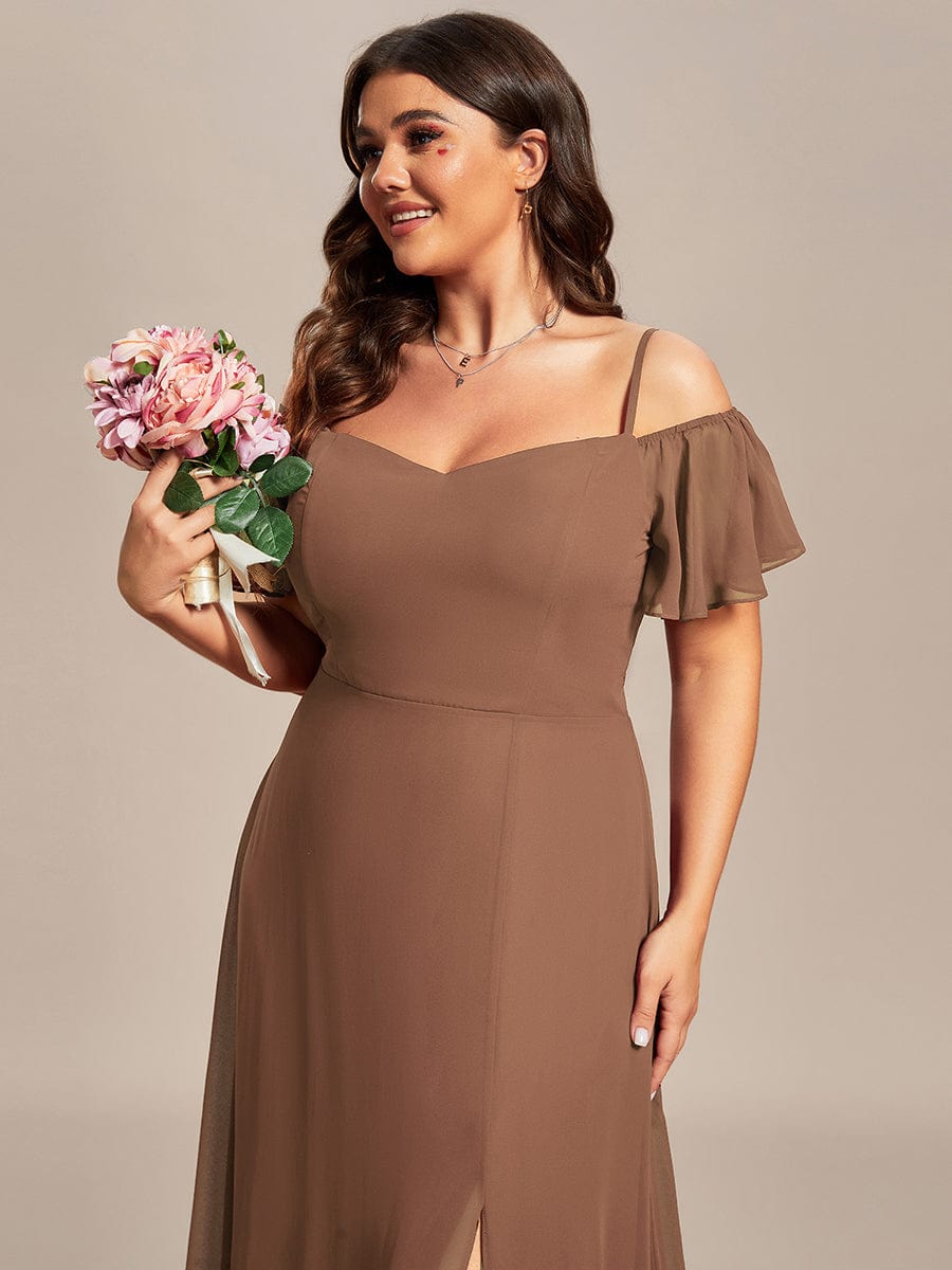 Stylish Cold Shoulder Flare Sleeves Flowy Bridesmaid Dress #color_Brown