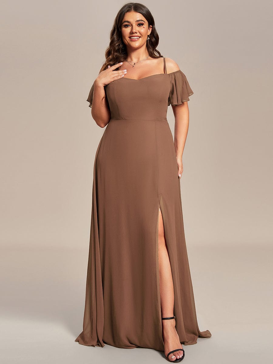 Stylish Cold Shoulder Flare Sleeves Flowy Bridesmaid Dress #color_Brown