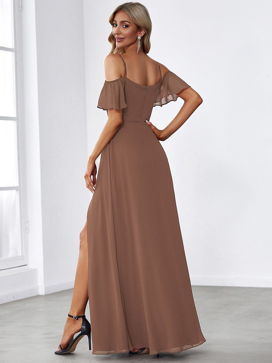 Stylish Cold Shoulder Flare Sleeves Flowy Bridesmaid Dress #color_Brown