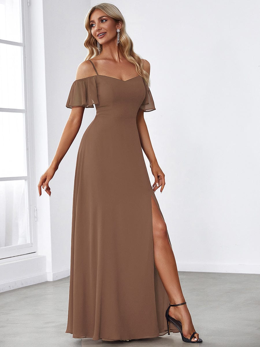 Stylish Cold Shoulder Flare Sleeves Flowy Bridesmaid Dress #color_Brown