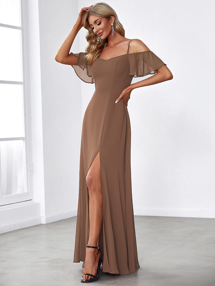 Stylish Cold Shoulder Flare Sleeves Flowy Bridesmaid Dress #color_Brown