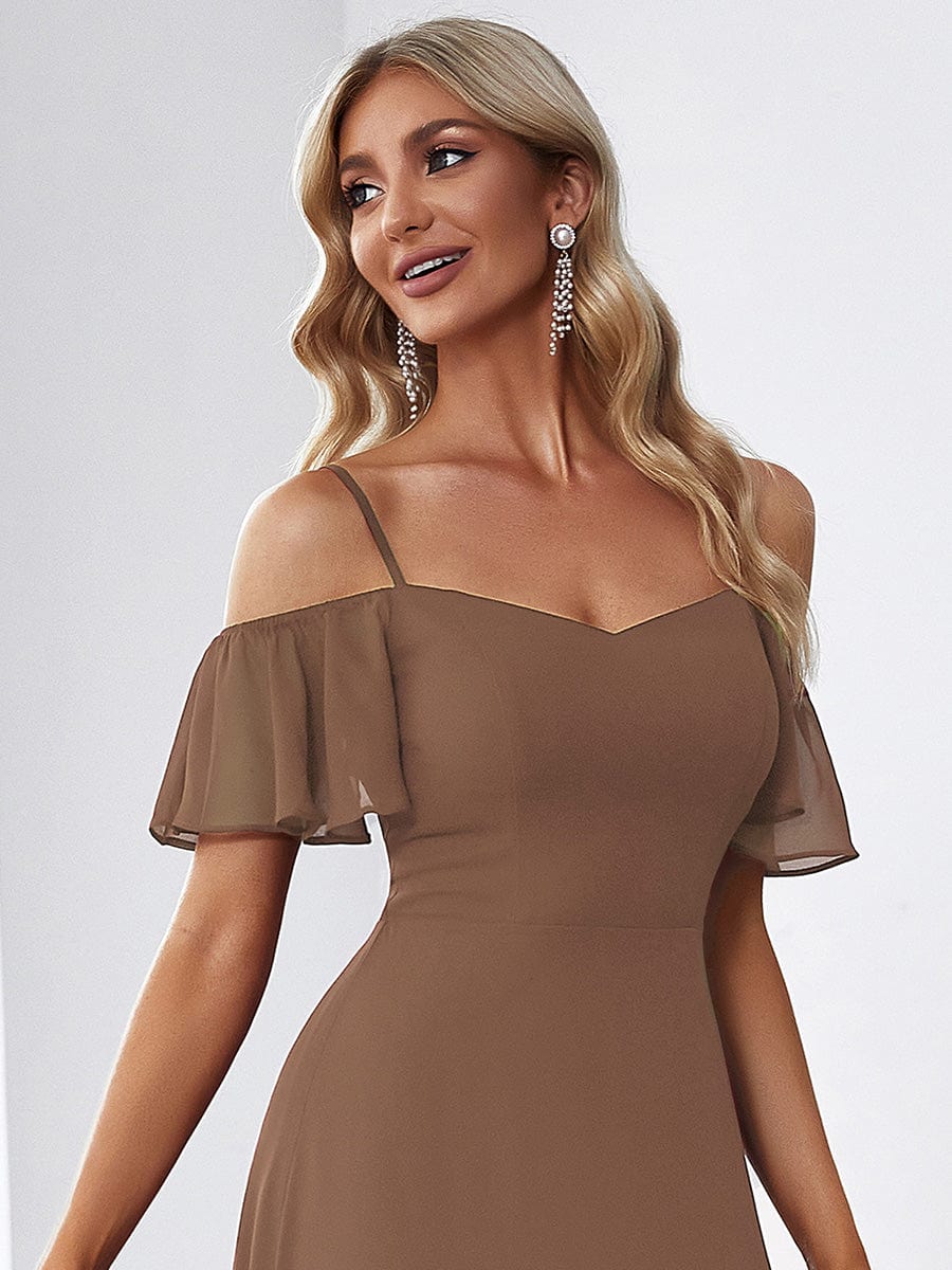 Stylish Cold Shoulder Flare Sleeves Flowy Bridesmaid Dress #color_Brown