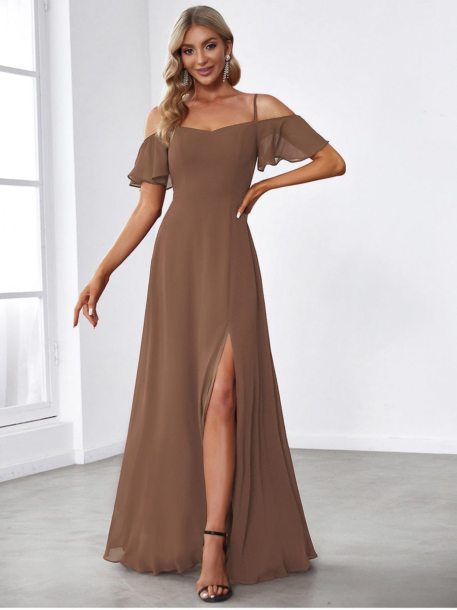 Stylish Cold Shoulder Flare Sleeves Flowy Bridesmaid Dress #color_Brown