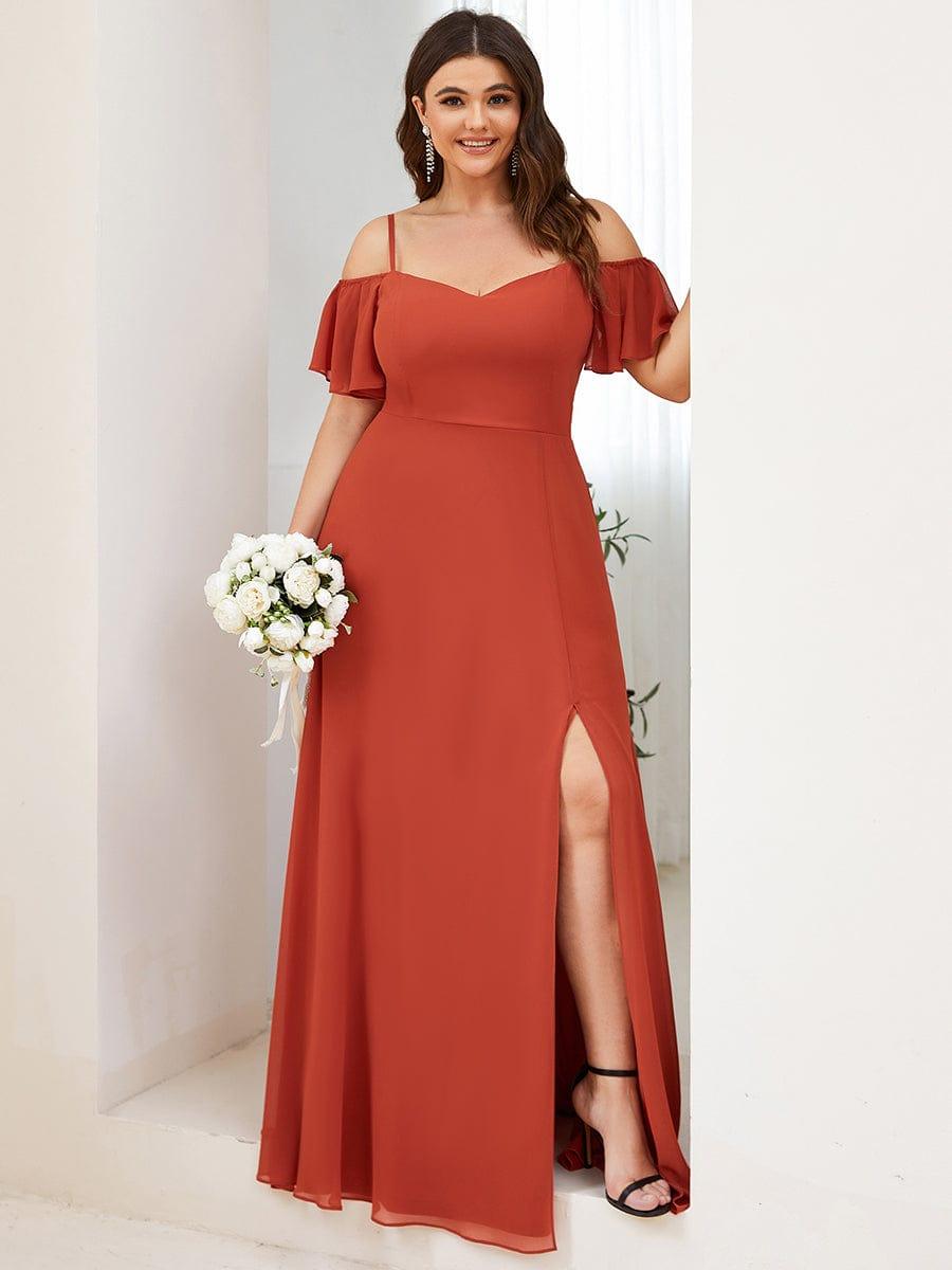 Plus Size Cold Shoulder Formal Bridesmaid Dress with Side Slit #color_Burnt Orange