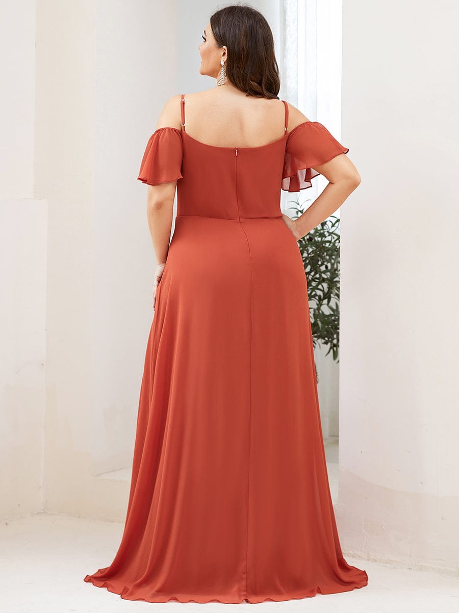 Plus Size Cold Shoulder Formal Bridesmaid Dress with Side Slit #color_Burnt Orange