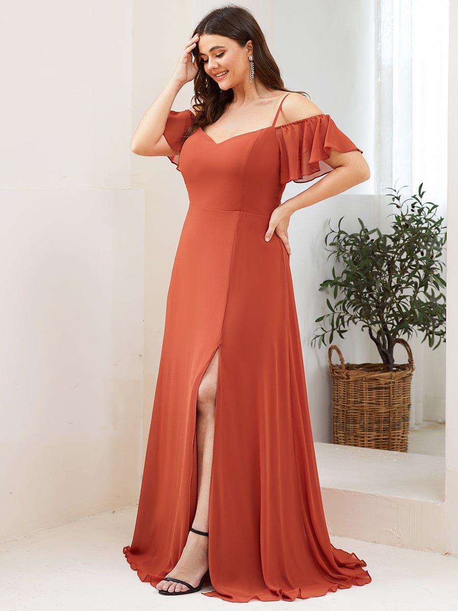 Plus Size Cold Shoulder Formal Bridesmaid Dress with Side Slit #color_Burnt Orange