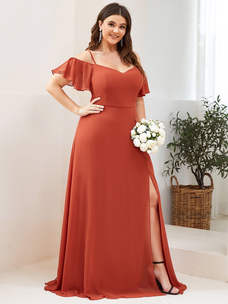 Plus Size Cold Shoulder Formal Bridesmaid Dress with Side Slit #color_Burnt Orange