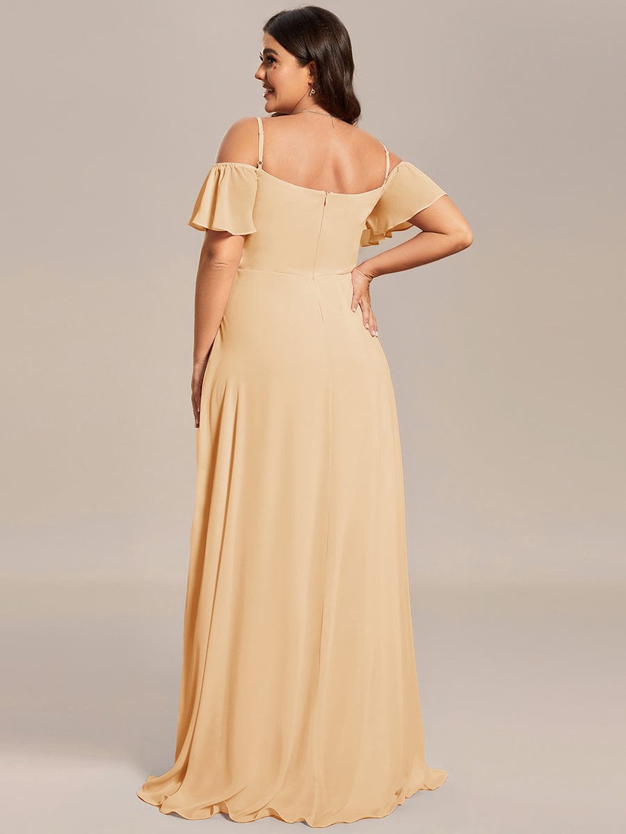 Stylish Cold Shoulder Flare Sleeves Flowy Bridesmaid Dress #color_Champagne