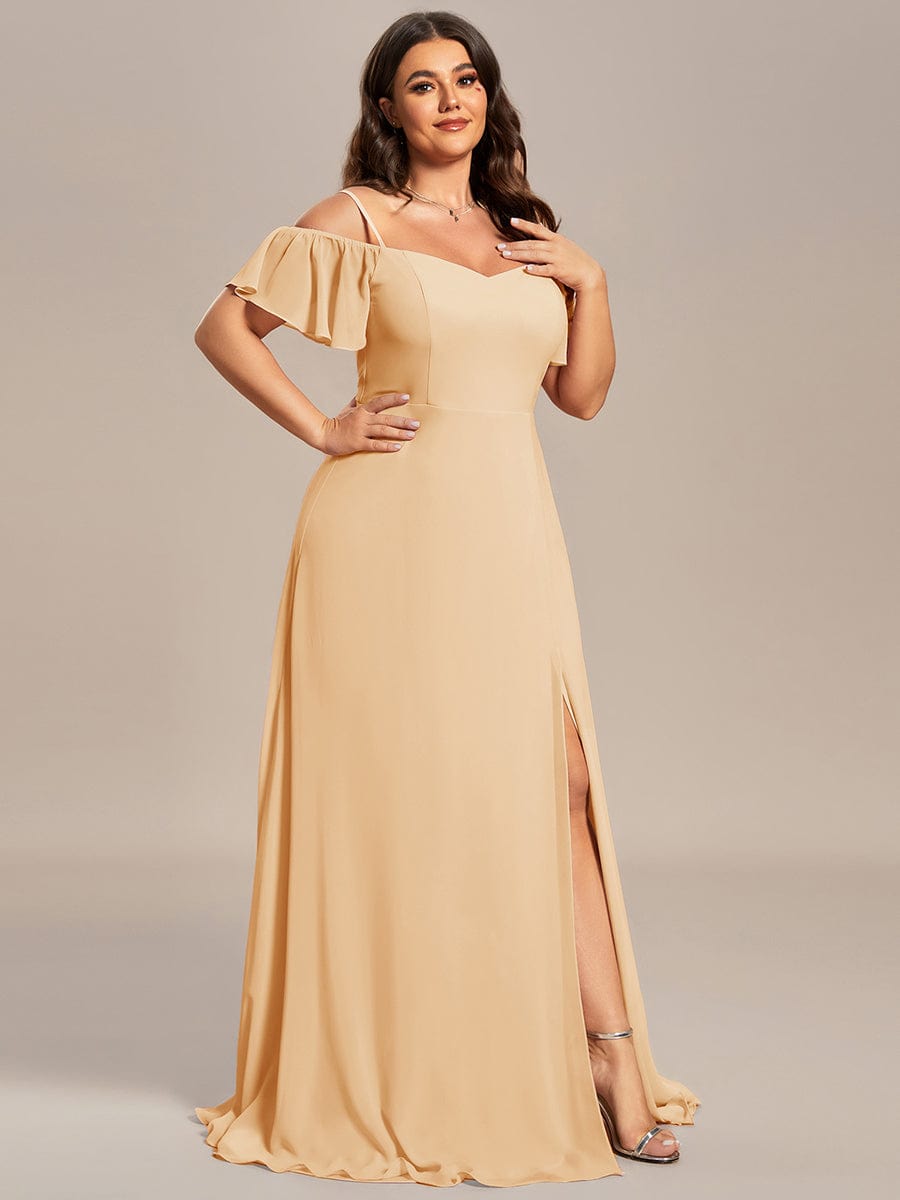 Plus Size Cold Shoulder Formal Bridesmaid Dress with Side Slit #color_Champagne