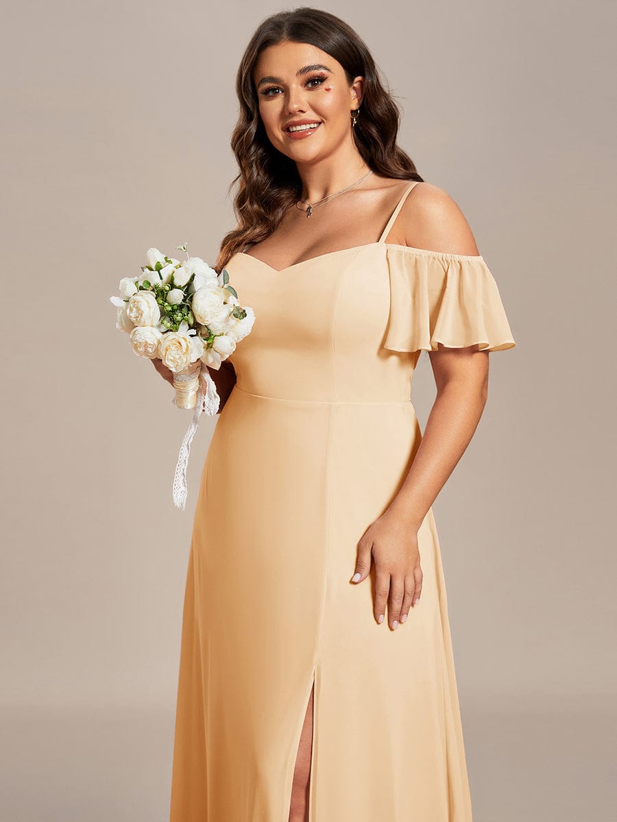 Stylish Cold Shoulder Flare Sleeves Flowy Bridesmaid Dress #color_Champagne