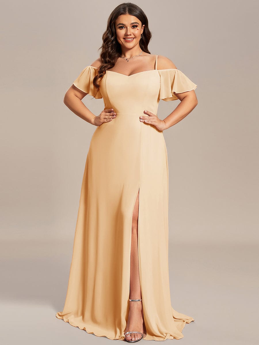 Plus Size Cold Shoulder Formal Bridesmaid Dress with Side Slit #color_Champagne