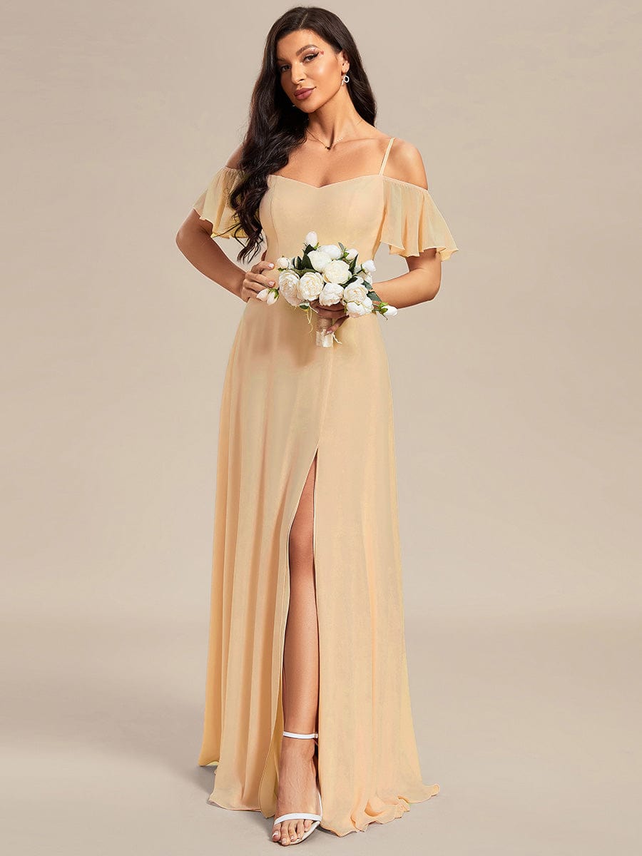 Stylish Cold Shoulder Flare Sleeves Flowy Bridesmaid Dress #color_Champagne