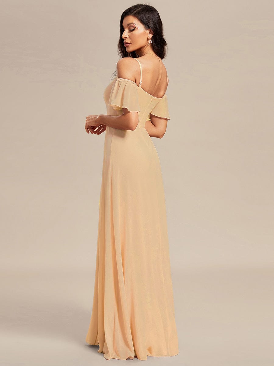 Stylish Cold Shoulder Flare Sleeves Flowy Bridesmaid Dress #color_Champagne